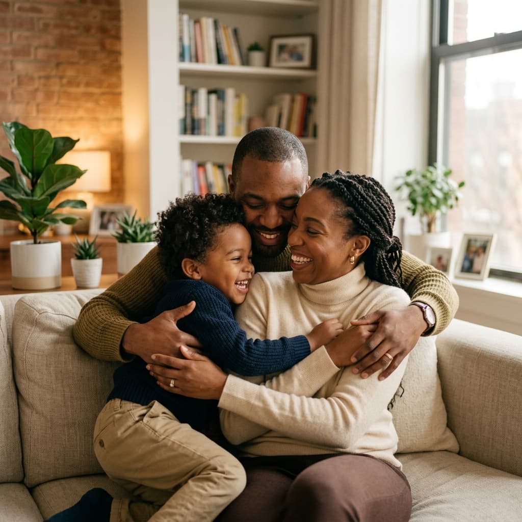 Família negra unida partilhando um abraço amoroso