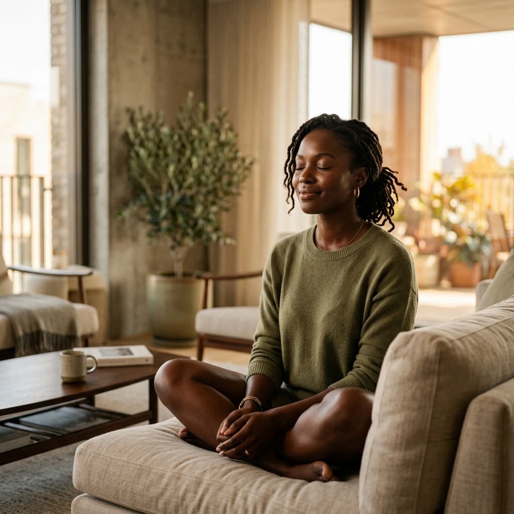Uma mulher em paz, sentada serenamente em casa