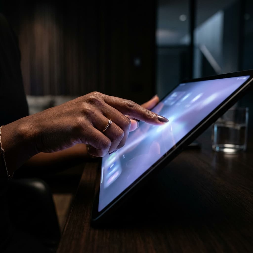 Mão tocando elegantemente um dispositivo inteligente